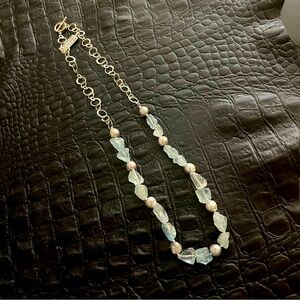 One of a kind Akoya Pearls with Blue Topaz free form beads 24”in length